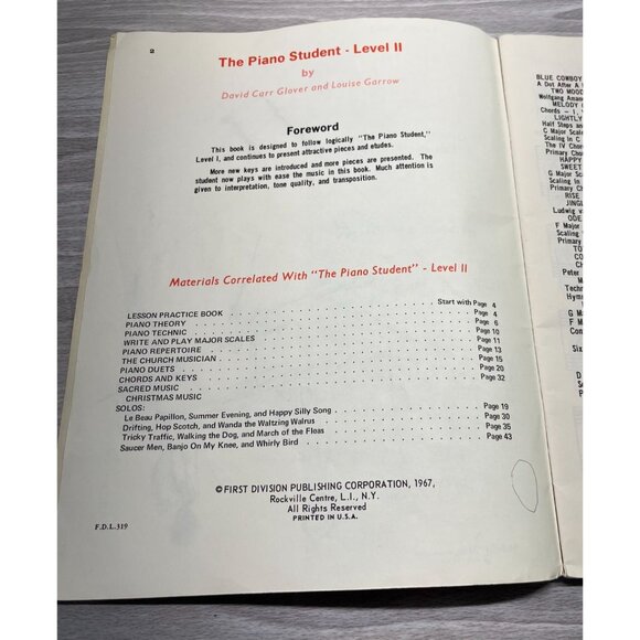 Piano Student Level 2 David Carr Glover Library Vintage 60s Sheet Music Book - Picture 4 of 9